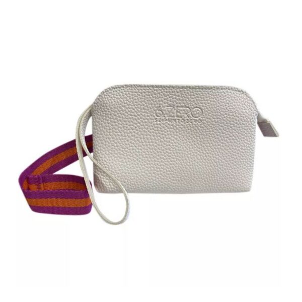 Small textured light gray zip pouch or mini handbag with a detachable purple and orange striped strap.