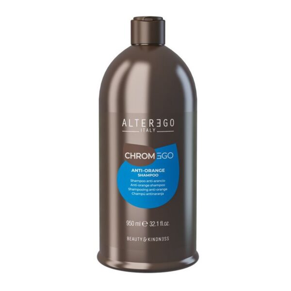 Brown plastic bottle of Alter Ego ChromeGo Anti-Orange Shampoo with a blue label and white text, 950 ml