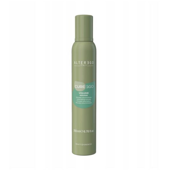 Green cylindrical hair product bottle: Alterego Cure 3GO Volume Mousse, 200 ml (Beauty by Kindness).