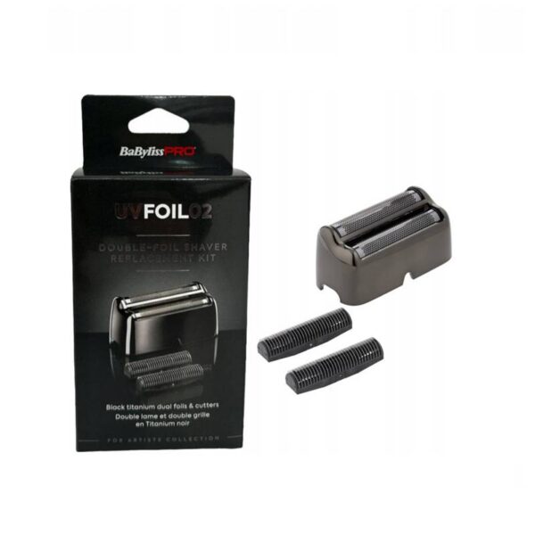 BaBylissPRO UVFOIL2 replacement shaver kit with two foil heads and two comb attachments beside the box