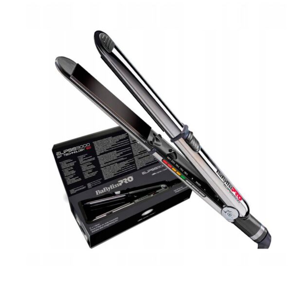 Ceramic/metal hair straightener with box packaging (Babyliss Pro) showing dual plates and control dial