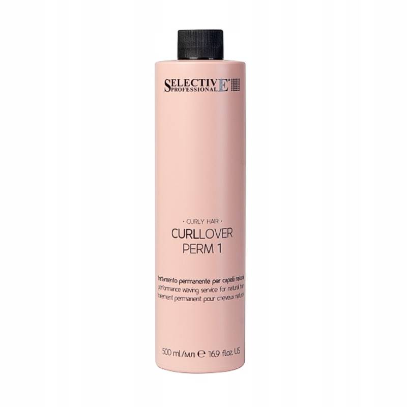 Pink bottle of Selective Professional Curl Lover Perm 1 hair perm solution with a black cap.