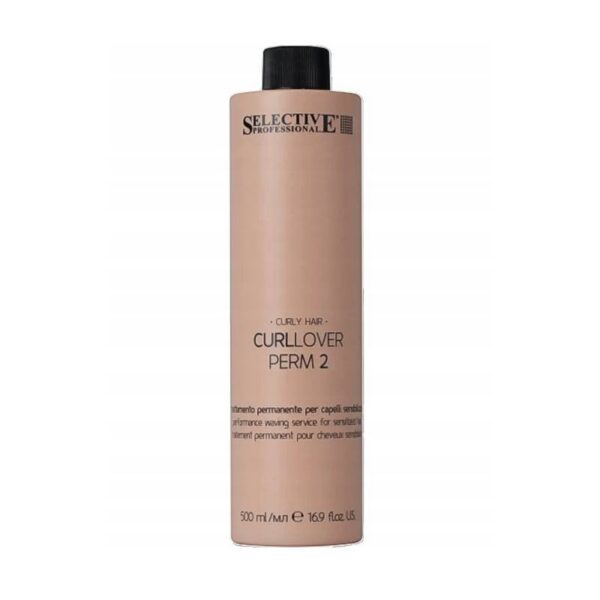 Tall beige spray can labeled 'Selective Professional' Curl Over Perm 2, a hair styling product.