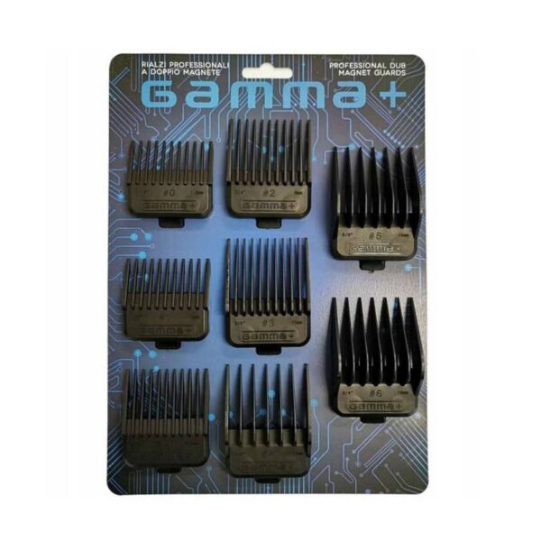 Gamma+ professional clipper guard set packaged, showing multiple sizes of black plastic guards for hair clippers (top branding visible).