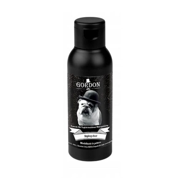 Black bottle of Gordon Styling Dust featuring a bulldog wearing a bowler hat on the label.