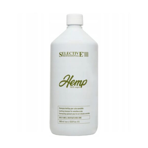 White plastic bottle of hemp shampoo with 'Selective Professional' branding and 'Hemp 100% vegan' on the label (haircare product).