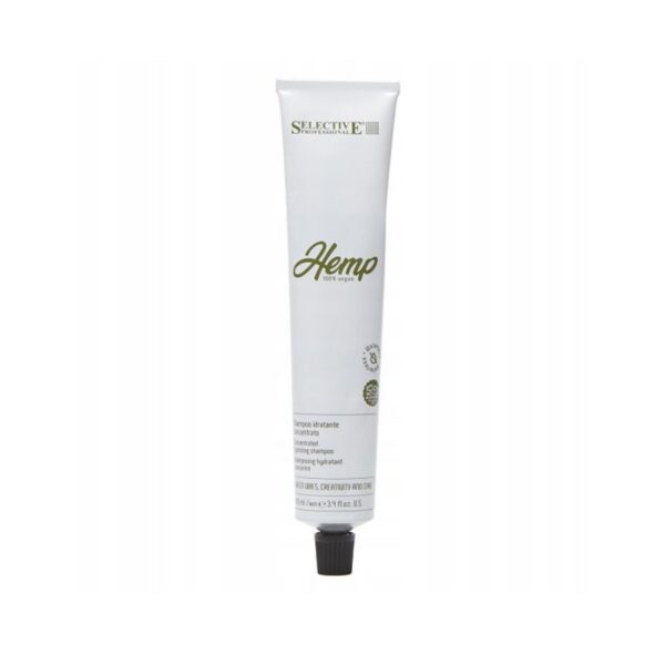 White squeeze tube of hemp shampoo with a black cap, labeled 'Hemp' and '100% vegan' (cosmetic product).