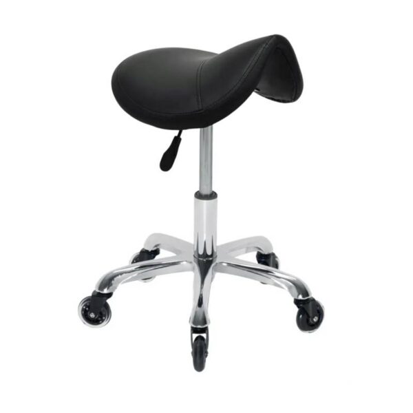 Black saddle-style rolling stool with a chrome base and five caster wheels, height-adjustable cap nearby.