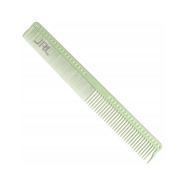 Wide-tooth plastic hair comb in pale green laid diagonally on a white background