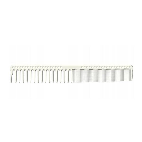 Cream-colored, double-ended hair comb with wide teeth on one side and fine teeth on the other for detangling and styling