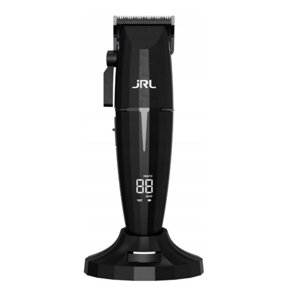 Black cordless hair trimmer on a charging stand with a digital timer display on the body