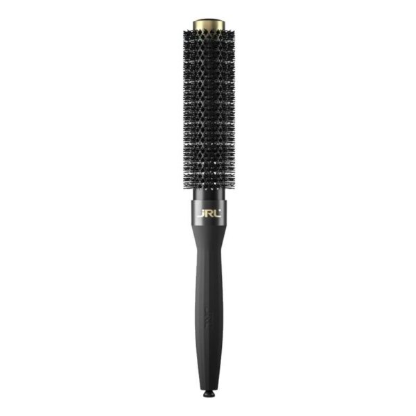 Black round barrel hair brush with dense bristles and a gold cap at the top