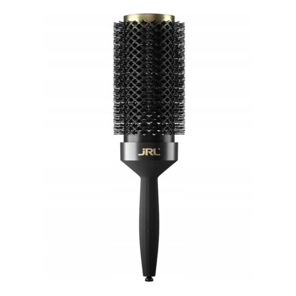Black cylindrical hot air brush with dense bristles and a gold-accent band nearby the handle, labeled JRL for styling hair