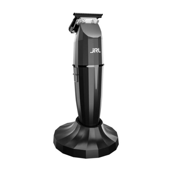 JRL electric hair trimmer on a faceted charging stand, black and geometric design with logo visible on the body.