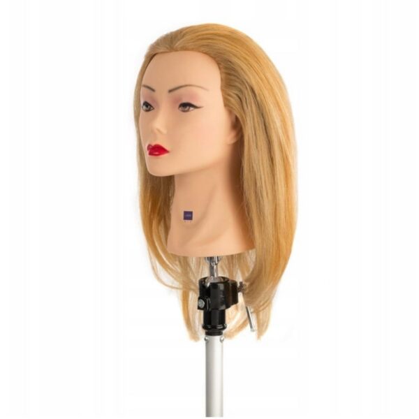 Blonde mannequin head with shoulder-length hair on a styling stand, used for practice