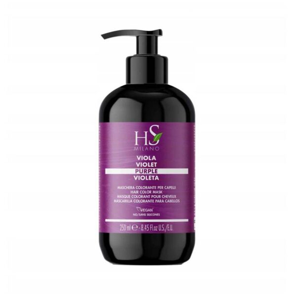 Black pump-bottle of hair color product with a purple label reading 'Viola Violet Purple' (250 ml) and 'HS Milano' branding