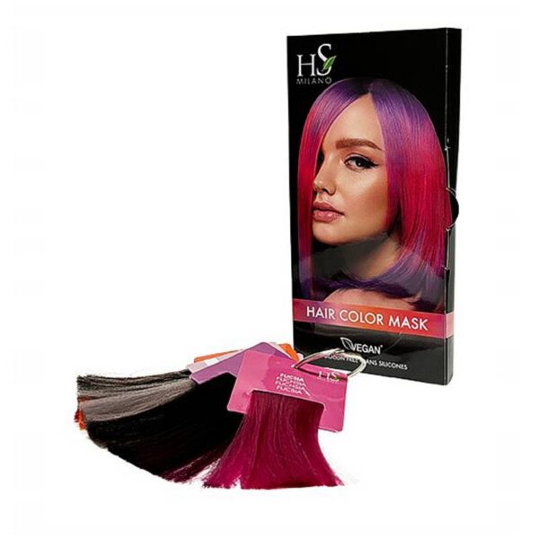 Boxed HS Milano Hair Color Mask with model sporting pink‑purple hair; includes color swatch extensions on pink holders