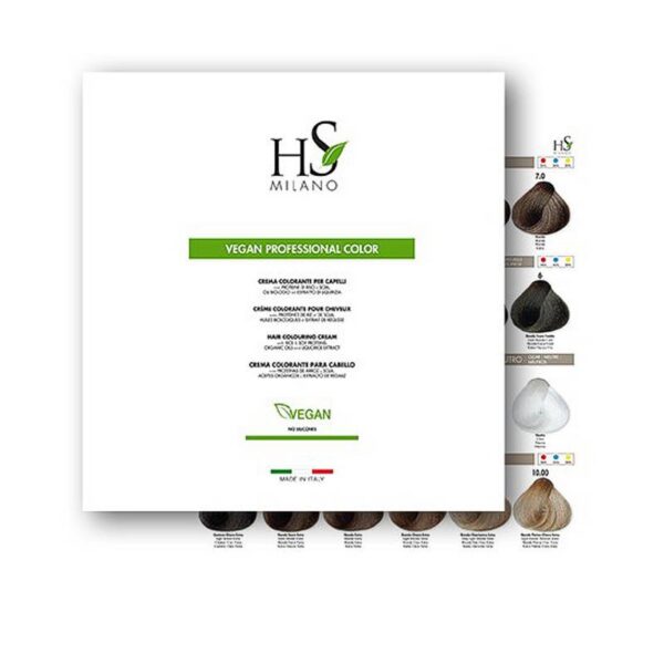 Front cover of HS Milano's Vegan Professional Color brochure, with a green banner and color swatches peeking from the background.