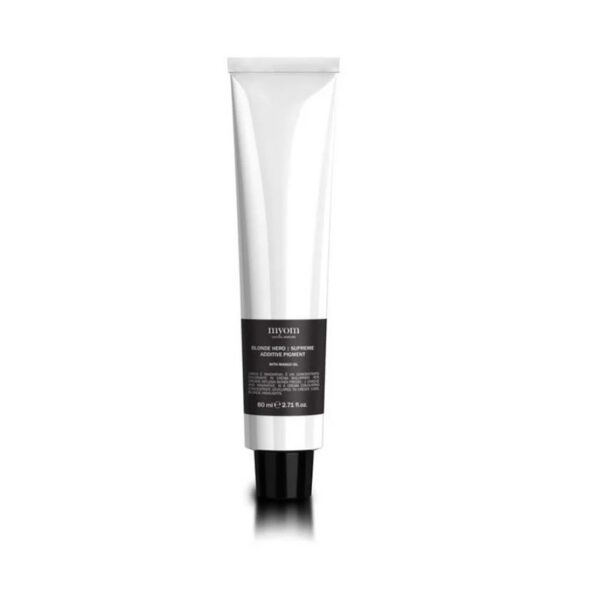 White squeeze tube of Myom Blonde Hero Supreme Additive Pigment with black label and cap