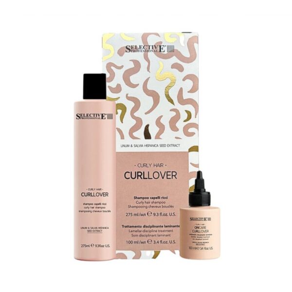 Curl Over curly hair shampoo and treatment set by Selective Professional, featuring a tall pink bottle, a smaller spray bottle, and a decorative patterned box behind them.