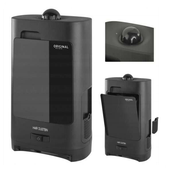 Compact black automatic dust bin with a glossy vertical panel and dome lid, shown from multiple angles.