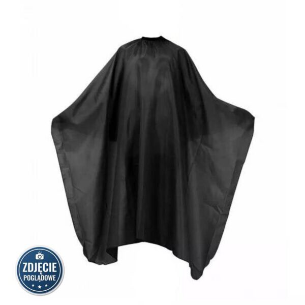 Black barber cape draped over a stand, used to protect clothing during a haircut. Likely a salon cape worn during styling.