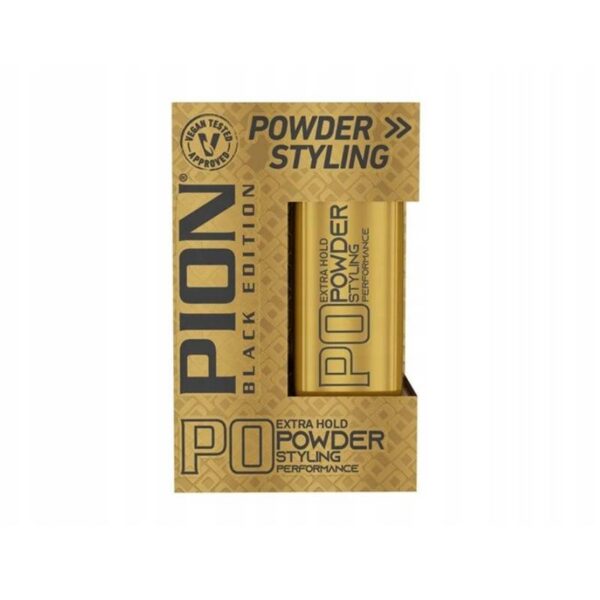 Gold can of powder styling inside a brown display box labeled 'Powder Styling' and 'Extra Hold' for hair styling.