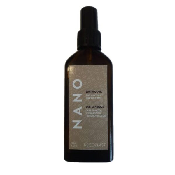 Brown spray bottle labeled 'NANO Luminous Oil' for shiny, silky hair (hair care product).