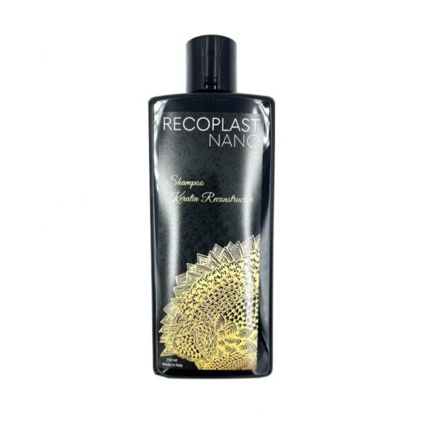 Black shampoo bottle labeled Recoplast Nano with a gold decorative pattern and 'Keratin Reconstruction' text on the label (250 ml).