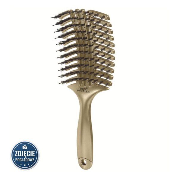 Gold-colored paddle hair brush with metal bristles shown from the side.