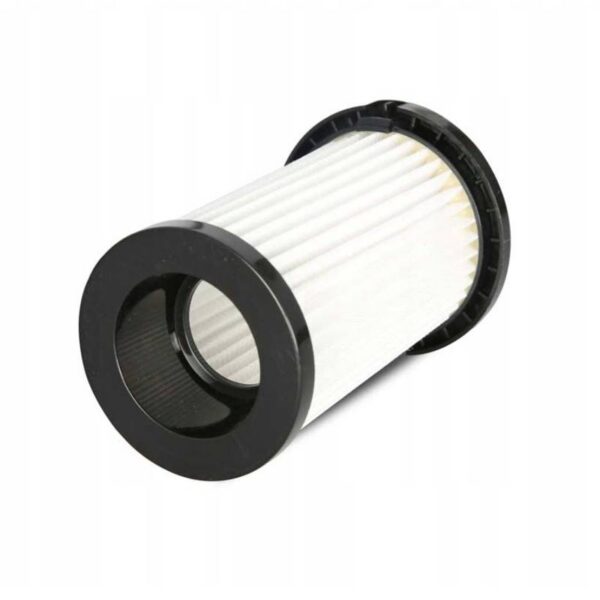 Cylindrical pleated air filter with black plastic end caps.