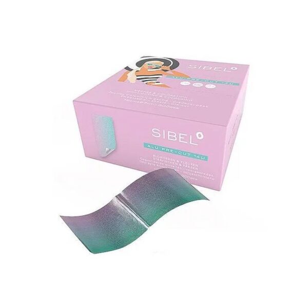 Pink Sibel hair extensions box with a woman illustration and an iridescent hair swatch in front.