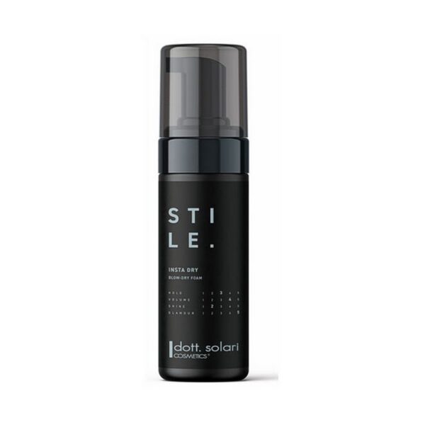 Bottle of STI.LE Insta Dry Foam by Dott. Solari Cosmetics, black pump spray bottle.