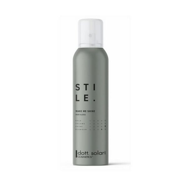 Gray spray bottle labeled 'Make Me Shine' hair gloss by Dott. Solari Cosmetics.