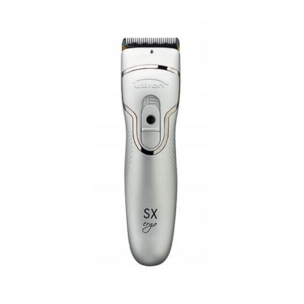 White cordless hair trimmer with a gold-accented head, held vertically for grooming touch-ups on the go.