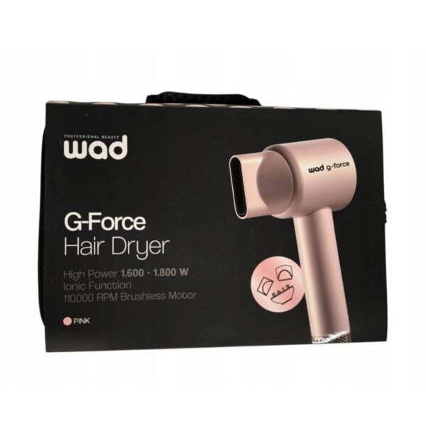 Box packaging for WAD G-Force hair dryer in pink color, showing the product image and specs like 110,000 RPM motor.