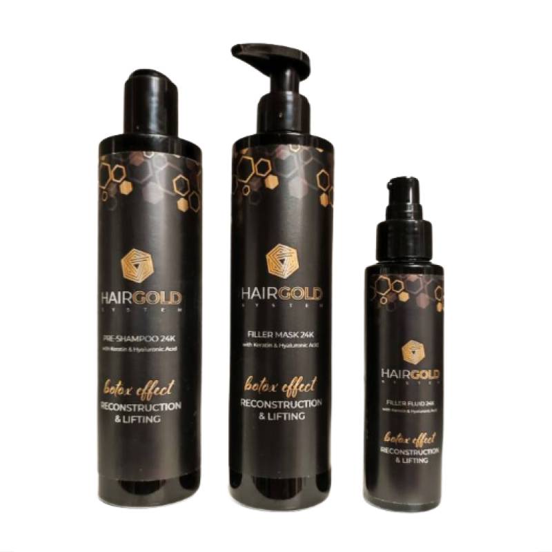 HAIRGOLD Botoks Effect – kuracja wypełniająca i odbudowująca włosy / szampon 250ml + maska 250ml + fluid 100ml — Zdjęcie produktu 01