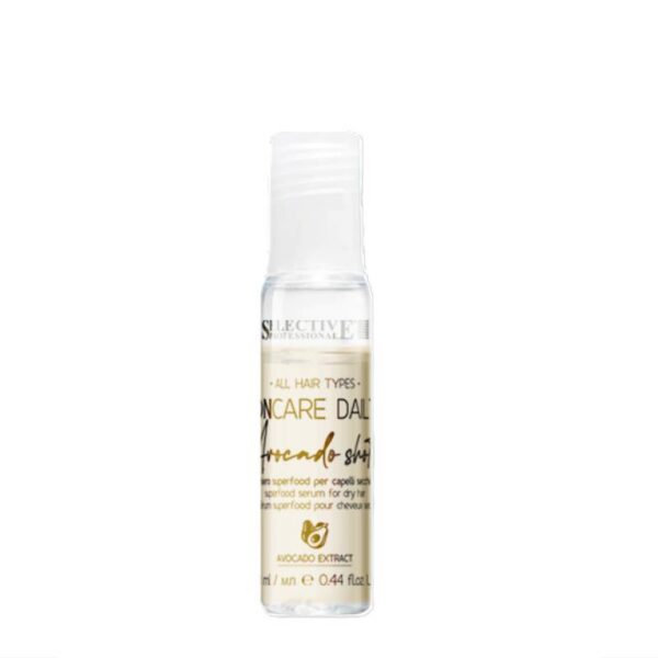 Hair serum spray bottle labeled for all hair types with avocado extract
