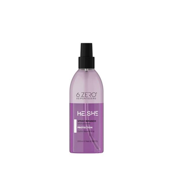 Purple spray bottle with a black cap, labeled HE.SH hair protection spray (200 ml).