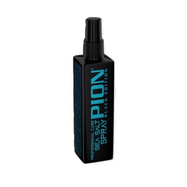 Black rectangular bottle labeled Sea Salt Spray Black Edition, professional hair care product with blue text on the side.